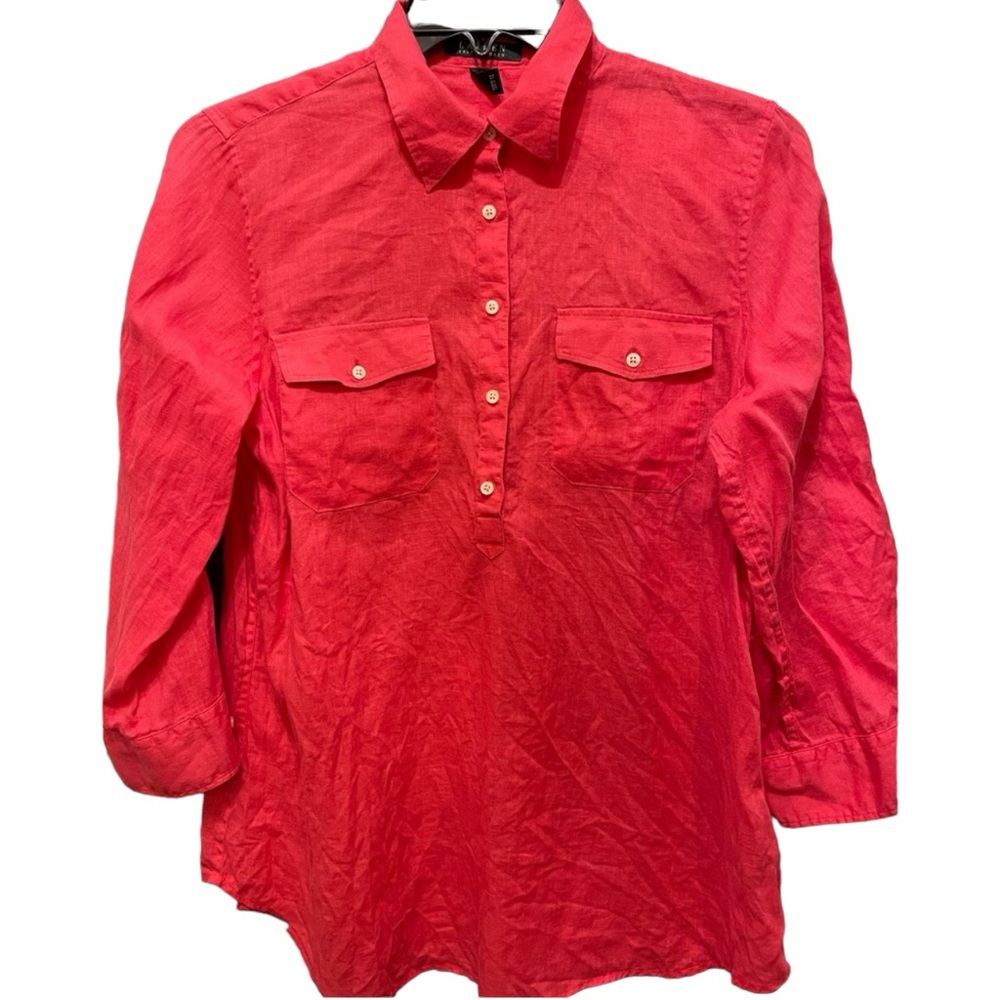 LAUREN RALPH LAUREN Hot Pink Linen 5- Button Pullover Top Size Large